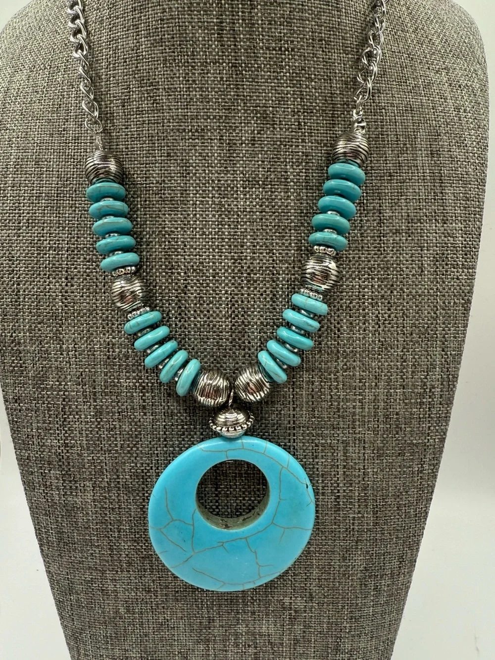 Turquoise Tone Pendant Necklace with Silver Accents - Women Jewelry - Retired